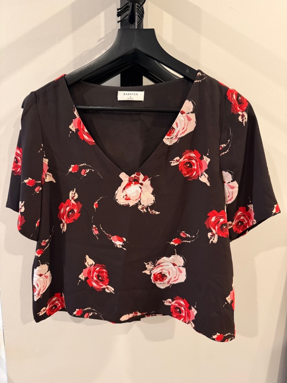 Aritzia Short Sleeve V-Neck Top with Red and Cream Rose Print